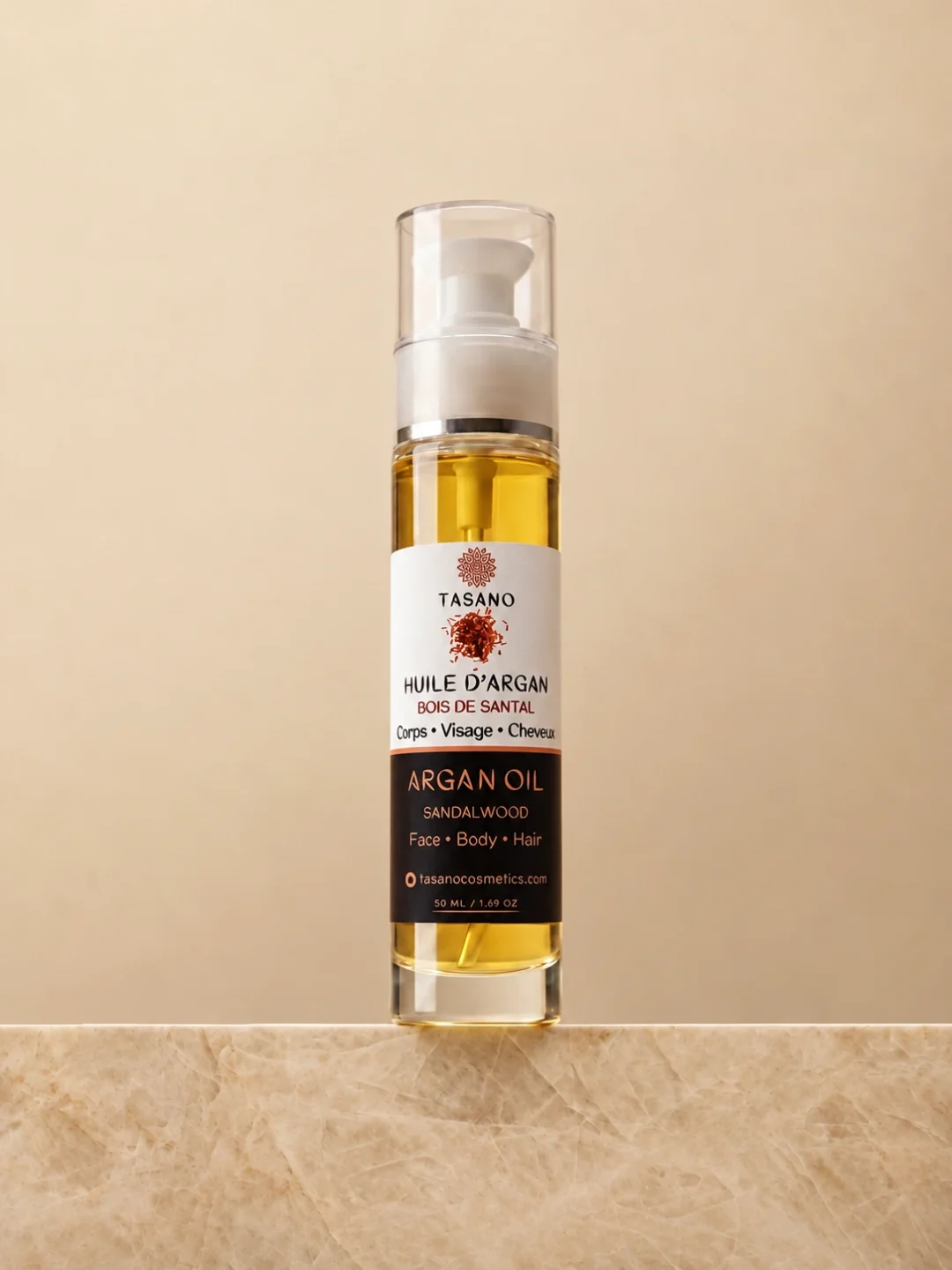 TASANO Sandalwood Argan Oil bottle, Moroccan scented argan oil for hair, face and body with lightweight non-greasy finish