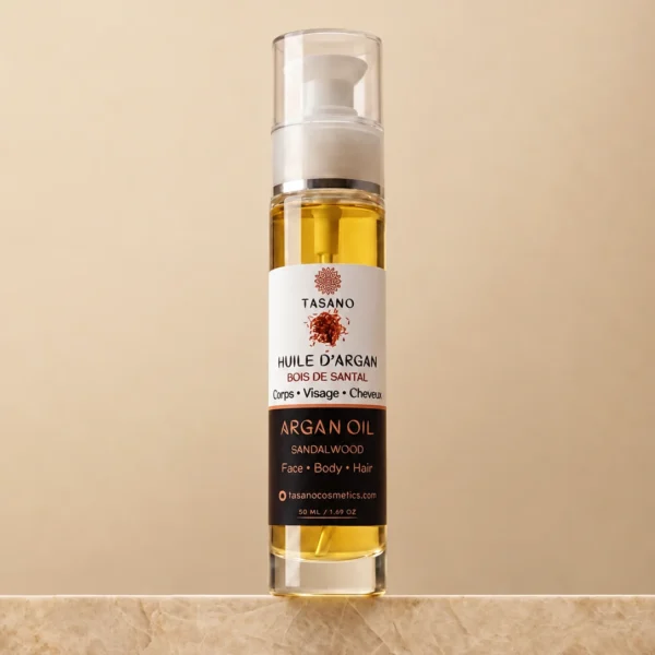 TASANO Sandalwood Argan Oil bottle, Moroccan scented argan oil for hair, face and body with lightweight non-greasy finish