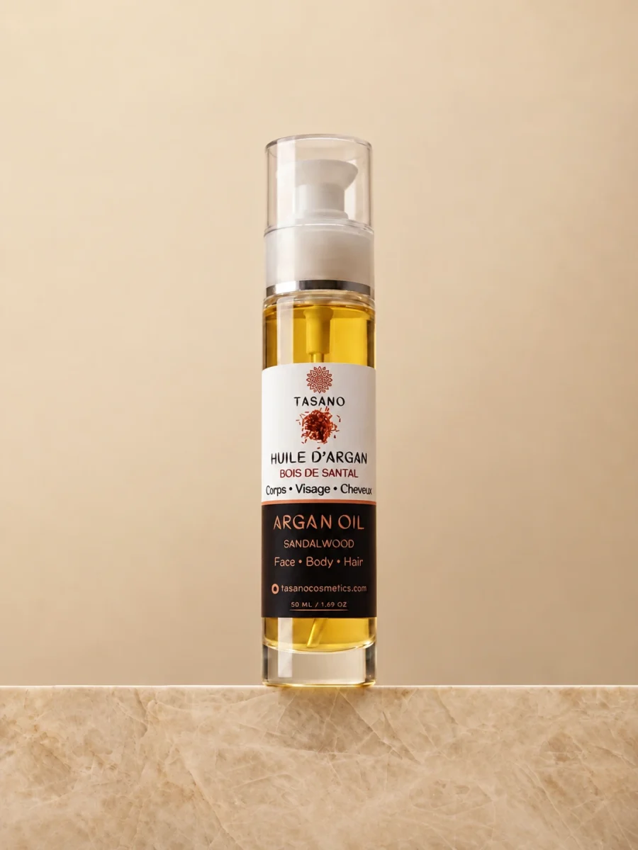 TASANO Sandalwood Argan Oil bottle, Moroccan scented argan oil for hair, face and body with lightweight non-greasy finish