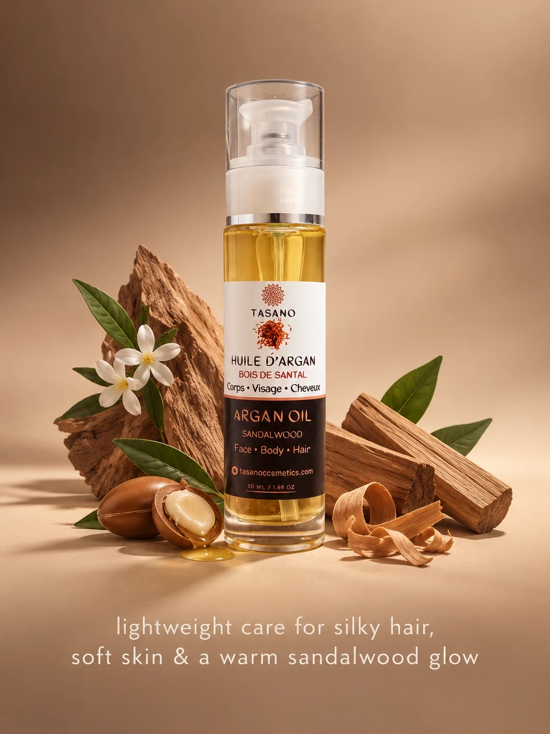 Sandalwood Argan Oil with Moroccan argan oil, warm woody scented beauty oil for hair shine, soft skin and daily body glow