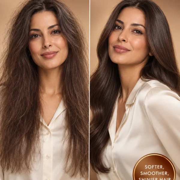 Before and after Sandalwood Argan Oil for frizzy hair, smoother-looking hair, soft shine and lightweight Moroccan hair oil finish