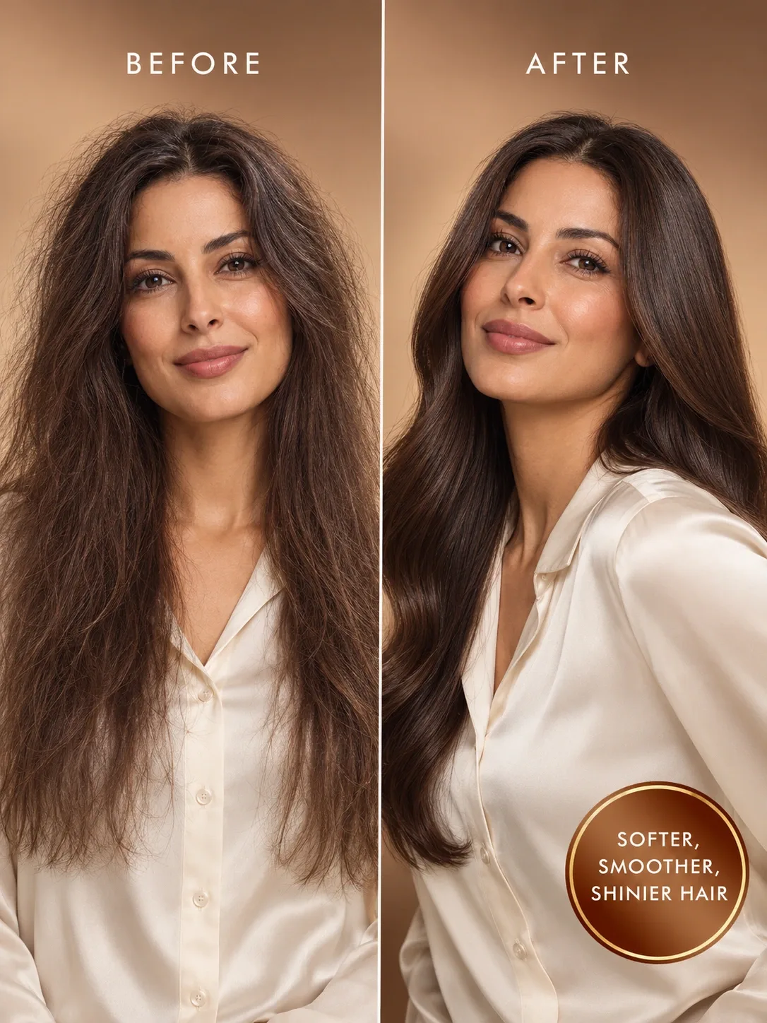 Before and after Sandalwood Argan Oil for frizzy hair, smoother-looking hair, soft shine and lightweight Moroccan hair oil finish