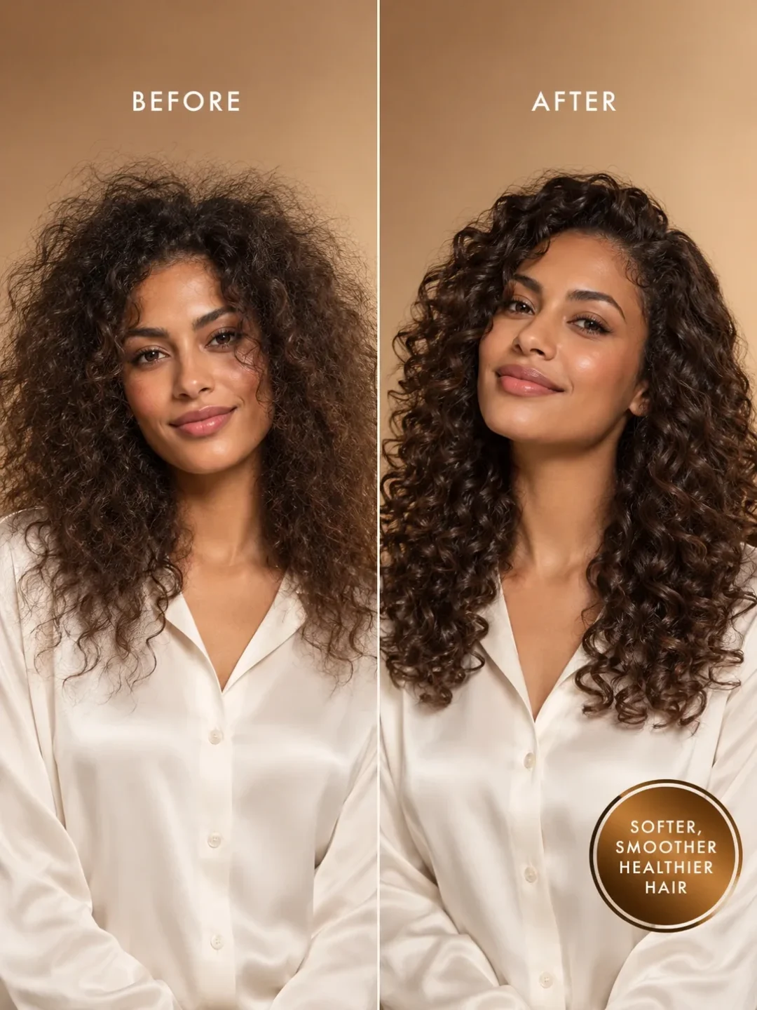 Before and after Sandalwood Argan Oil for frizzy hair, smoother-looking hair, soft shine and lightweight Moroccan hair oil finish