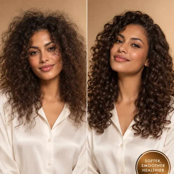 Before and after Sandalwood Argan Oil for frizzy hair, smoother-looking hair, soft shine and lightweight Moroccan hair oil finish