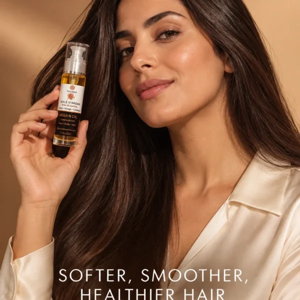 Sandalwood Argan Oil for shiny hair, Moroccan scented argan oil for smooth frizz control, soft hair finish and elegant woody scent
