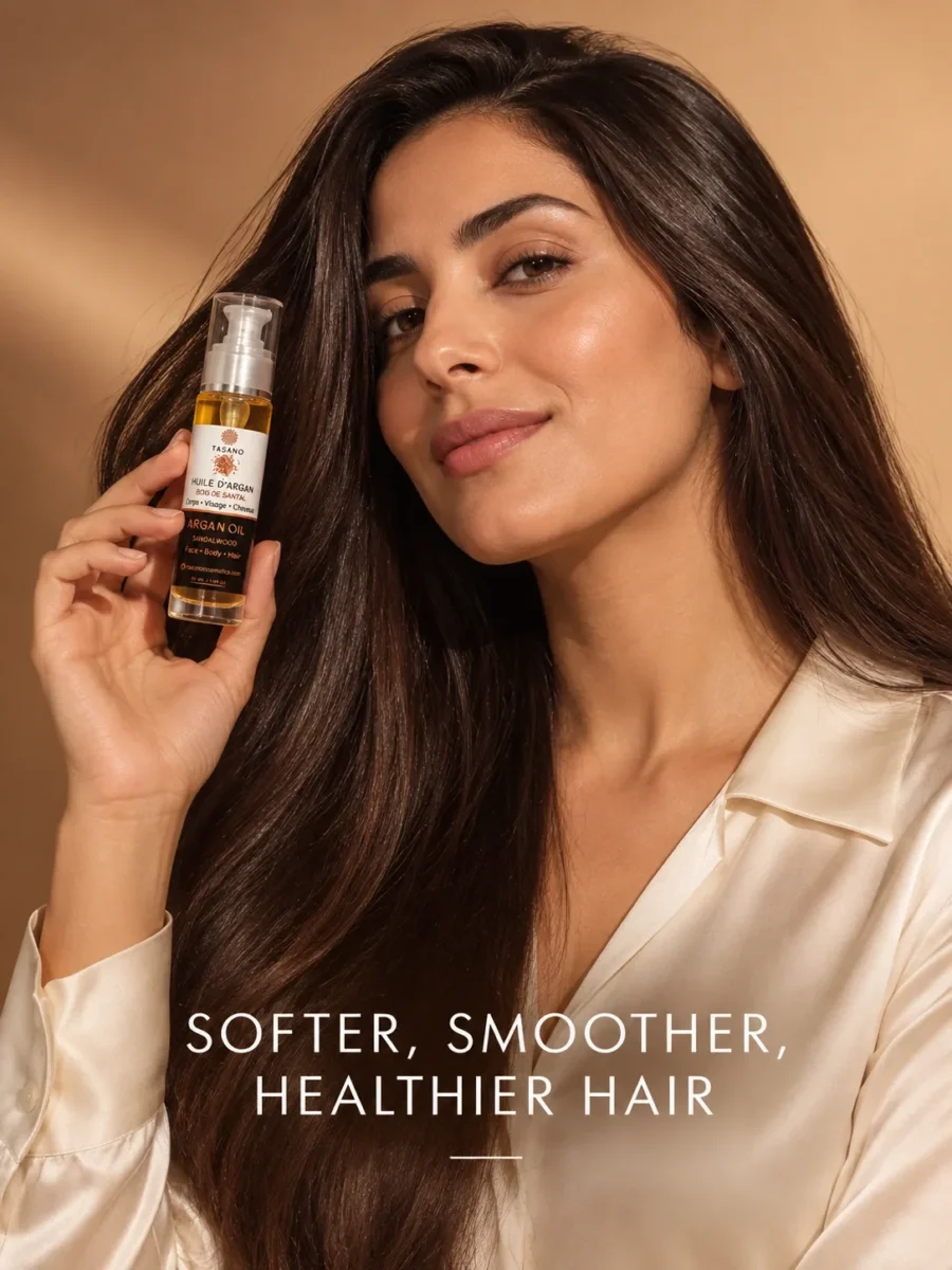 Sandalwood Argan Oil for shiny hair, Moroccan scented argan oil for smooth frizz control, soft hair finish and elegant woody scent