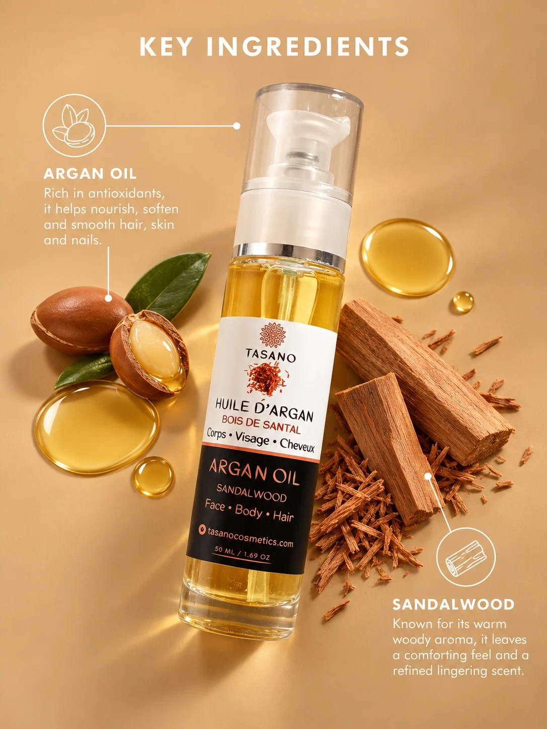 Sandalwood Argan Oil key ingredients, Moroccan argan oil with warm sandalwood scent for hair nourishment, skin softness and body care
