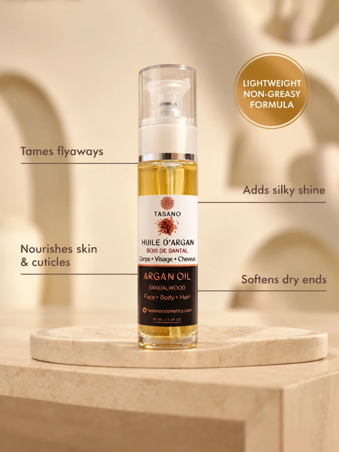 TASANO Sandalwood Argan Oil benefits, lightweight non-greasy Moroccan argan oil for smooth hair, soft skin, shine and woody scent