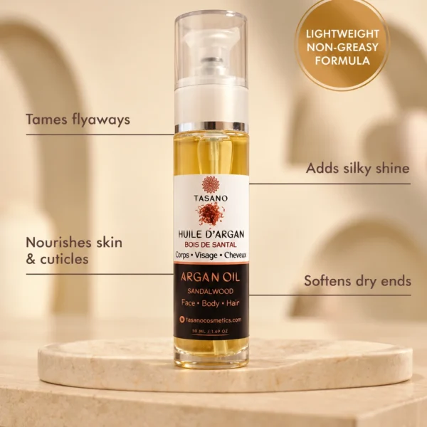 TASANO Sandalwood Argan Oil benefits, lightweight non-greasy Moroccan argan oil for smooth hair, soft skin, shine and woody scent