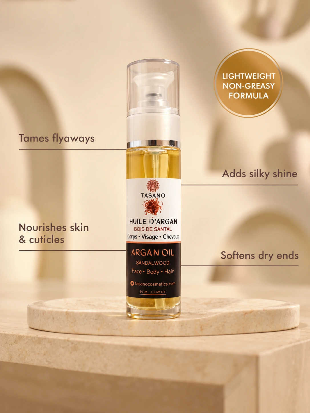 TASANO Sandalwood Argan Oil benefits, lightweight non-greasy Moroccan argan oil for smooth hair, soft skin, shine and woody scent