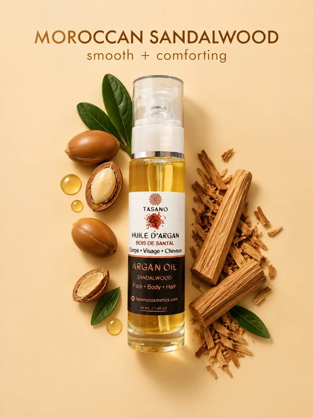 Moroccan Sandalwood Argan Oil formula, made in Morocco with argan oil and warm woody sandalwood for hair, face and body care