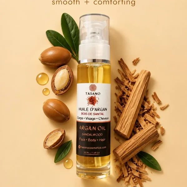Moroccan Sandalwood Argan Oil formula, made in Morocco with argan oil and warm woody sandalwood for hair, face and body care