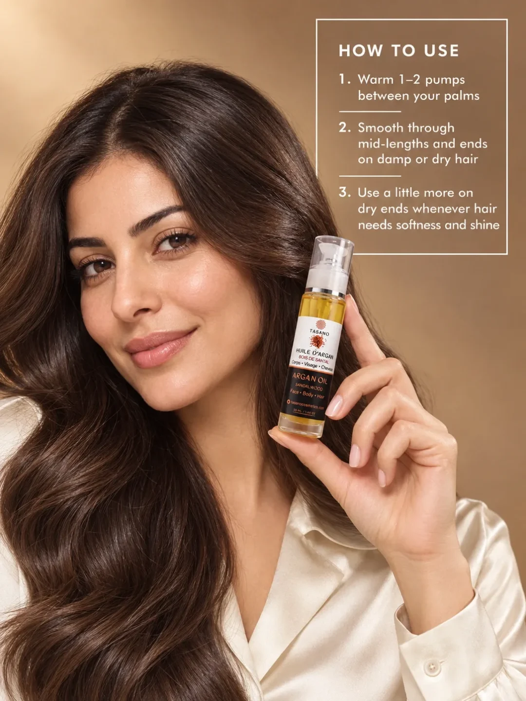How to use Sandalwood Argan Oil, lightweight Moroccan argan oil for damp or dry hair, body massage, nails and cuticle care