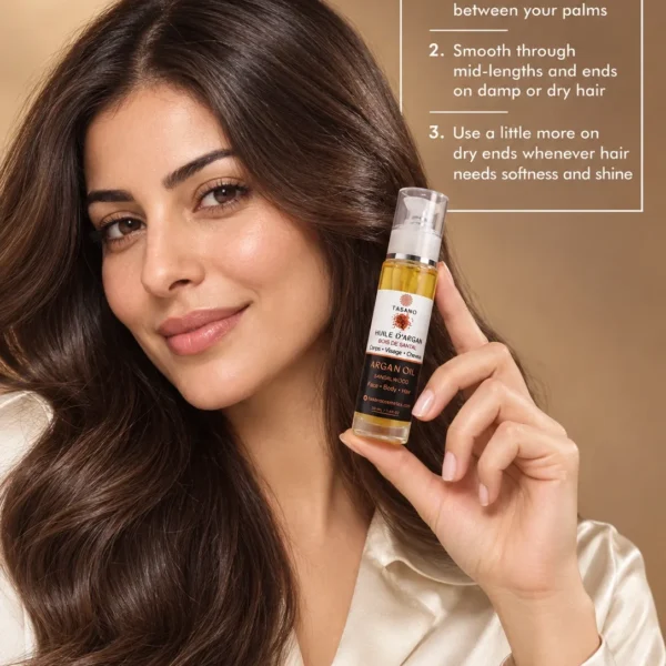 How to use Sandalwood Argan Oil, lightweight Moroccan argan oil for damp or dry hair, body massage, nails and cuticle care