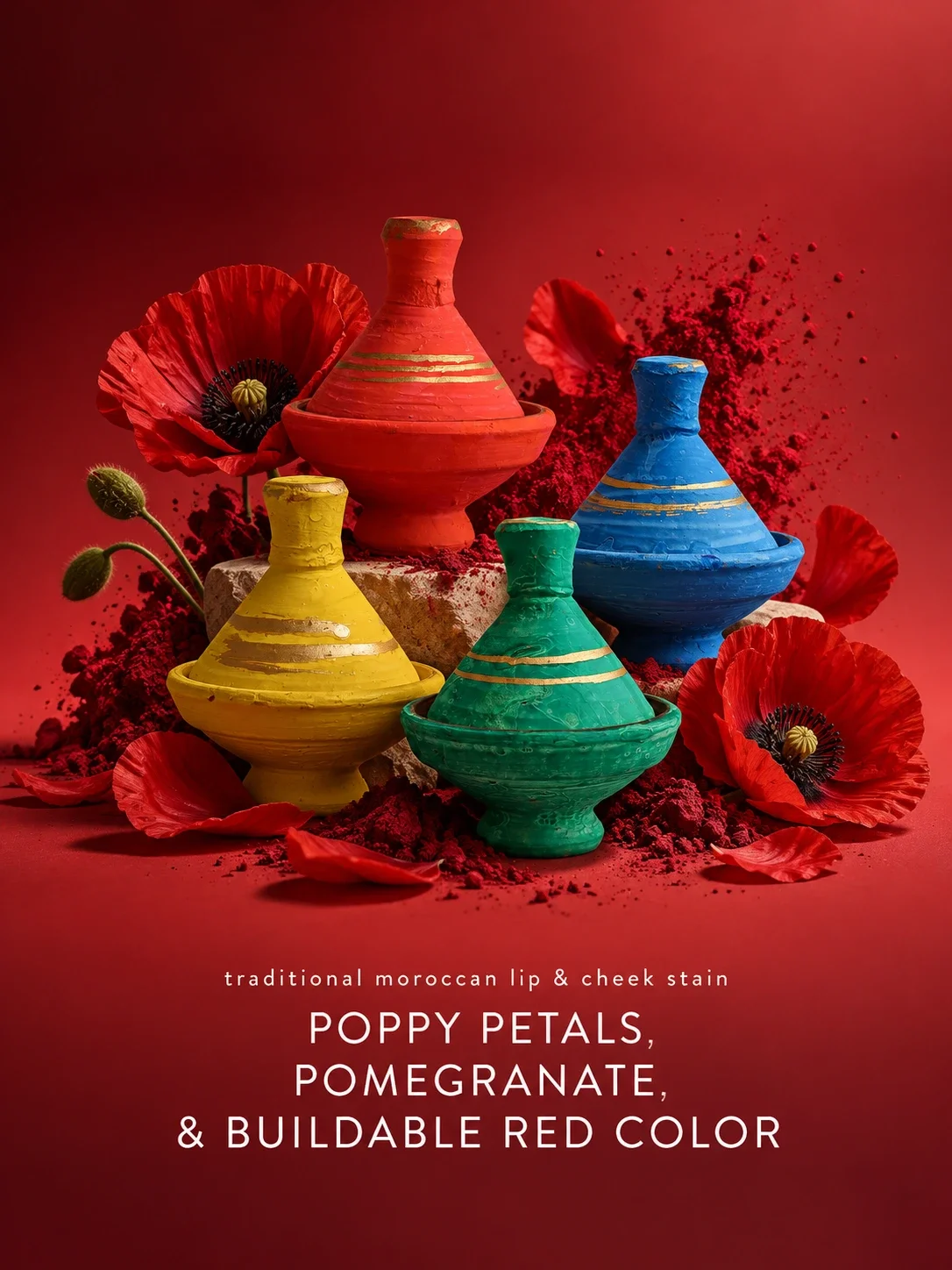 Aker Fassi Moroccan lipstick made with poppy petals and pomegranate in mini tajine clay pots