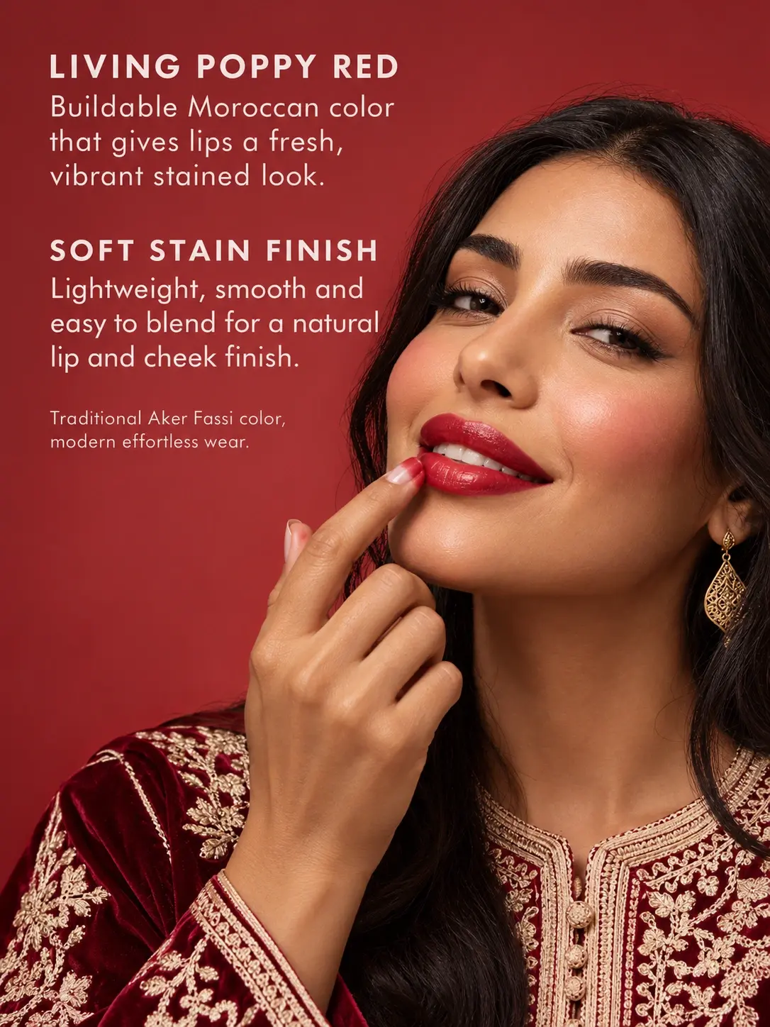Aker Fassi Moroccan lipstick with living poppy red color and soft lightweight stain finish