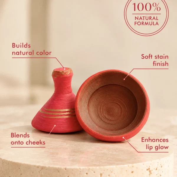 Opened Aker Fassi tajine lipstick, Moroccan clay pot lip and cheek stain with natural red pigment Opened Aker Fassi tajine lipstick, Moroccan clay pot lip and cheek stain with natural red pigment