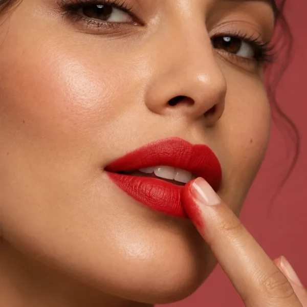 Moroccan lipstick Aker Fassi applied on lips for natural red stain and lightweight color Moroccan lipstick Aker Fassi applied on lips for natural red stain and lightweight color