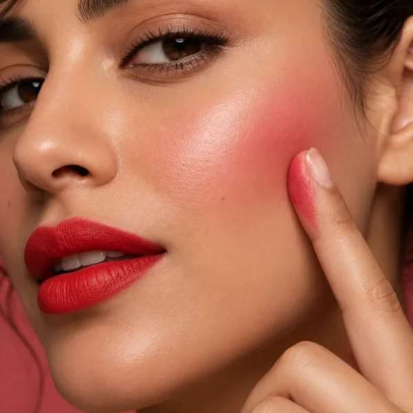 Aker Fassi lip and cheek stain applied as natural Moroccan blush for fresh pink cheeks Aker Fassi lip and cheek stain applied as natural Moroccan blush for fresh pink cheeks